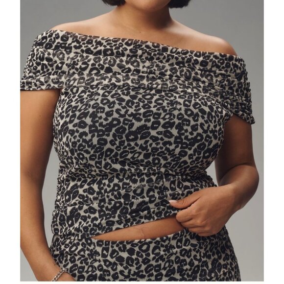 Maeve Anthropologie Womens Off-The-Shoulder Leopard Print Mesh Top XL Black - Picture 3 of 7